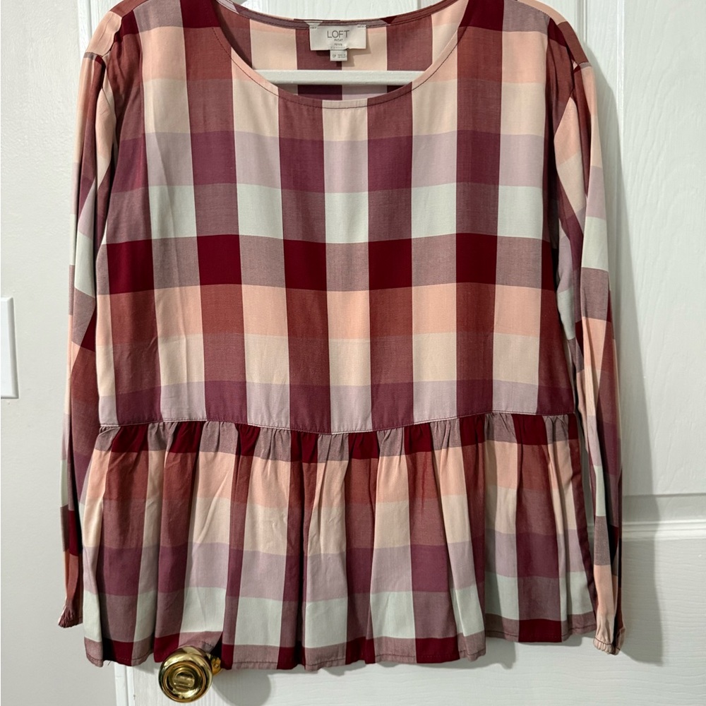 LOFT Plaid Peplum Blouse - Burgundy and Pink